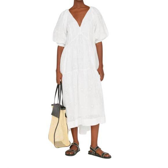 NEW FRAME v-neck puff sleeve dress in blanc